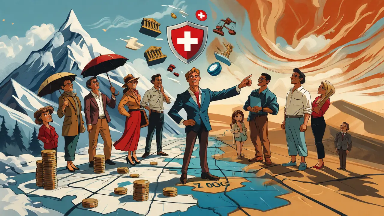 Illustration comparing Swiss crypto stability against other global hubs